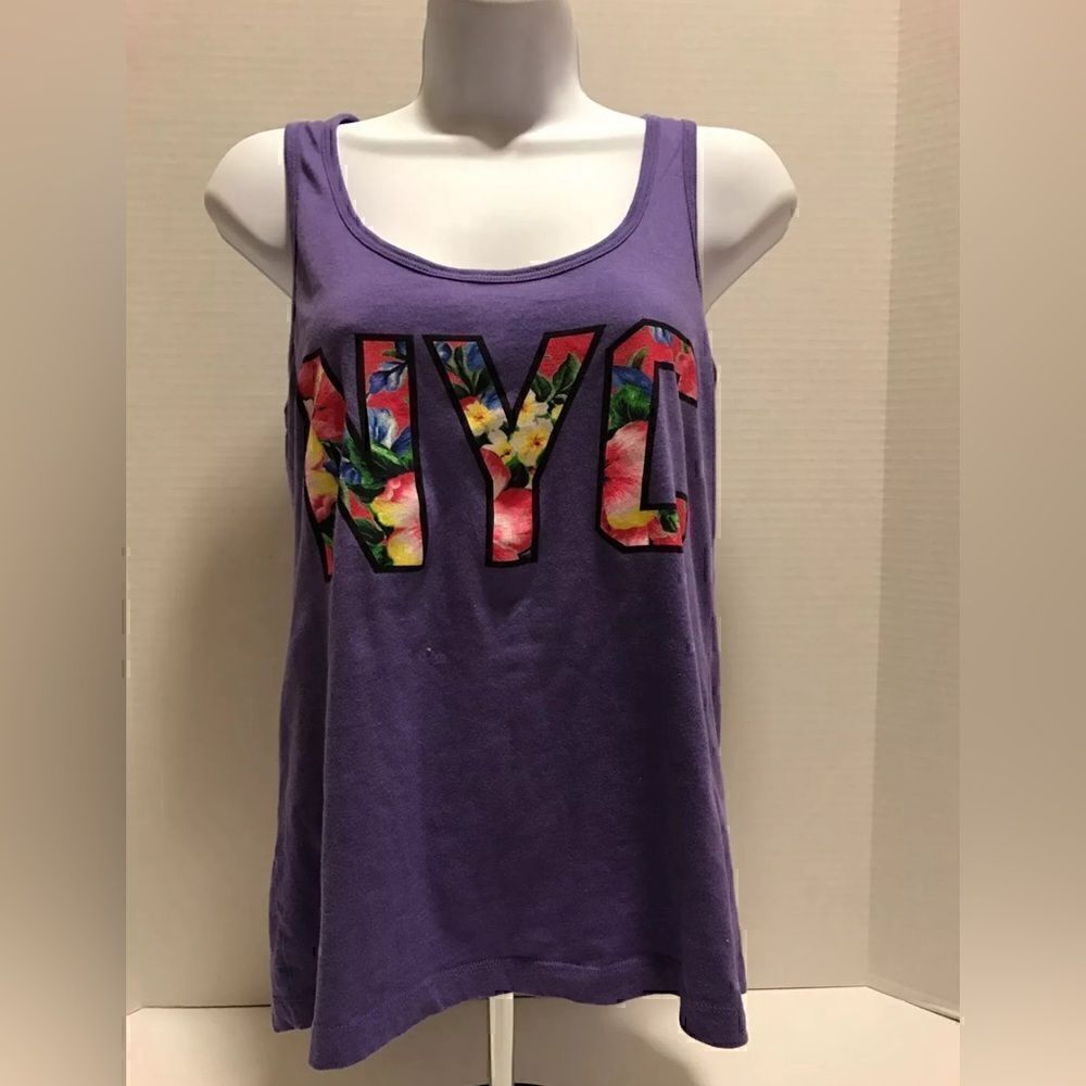 Freeze Jrs Purple Floral Tropical "NYC" Sleeveless Workout Yoga Tank Top - Sz L